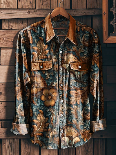 Men's Vintage Western Floral Patchwork Pattern Lapel Workwear Pocket Long Sleeve Shirt