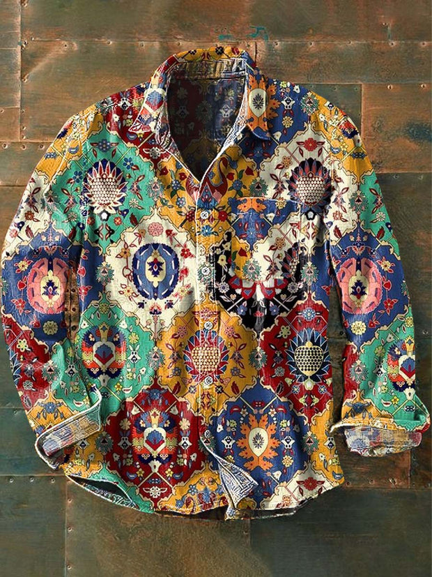 Men's Vintage Western Pattern Print Casual Long Sleeve Lapel Shirt