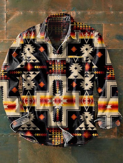 Men's Vintage Western Pattern Print Casual Long Sleeve Lapel Shirt