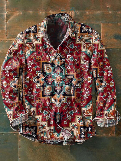 Men's Vintage Western Pattern Print Casual Long Sleeve Lapel Shirt