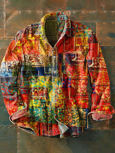 Men's Ethnic Abstract Printed Casual Long Sleeve Lapel Shirt