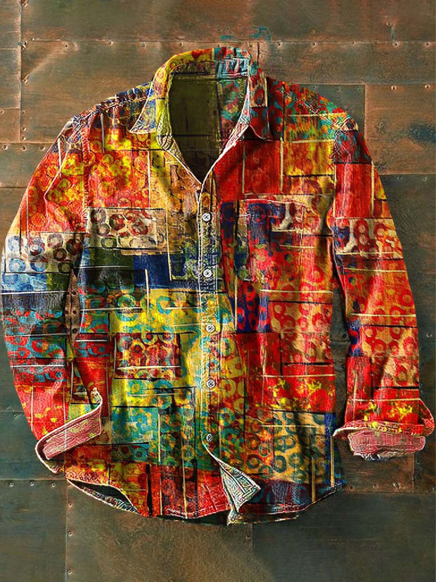 Men's Ethnic Abstract Printed Casual Long Sleeve Lapel Shirt