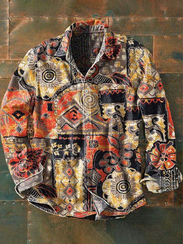 Men's Vintage Western Pattern Print Casual Long Sleeve Lapel Shirt