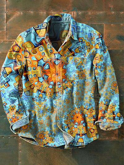 Men's Ethnic Abstract Printed Casual Long Sleeve Lapel Shirt