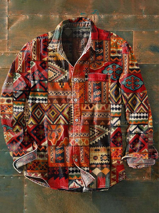 Men's Vintage Western Pattern Print Casual Long Sleeve Lapel Shirt