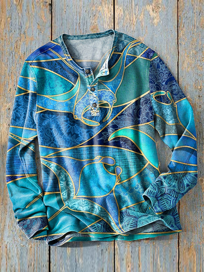 Men's Vintage Blue Manta Ray Abstract Art Print Long Sleeve Henley Shirt