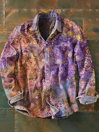 Men's Vintage Western Pattern Print Casual Long Sleeve Lapel Shirt