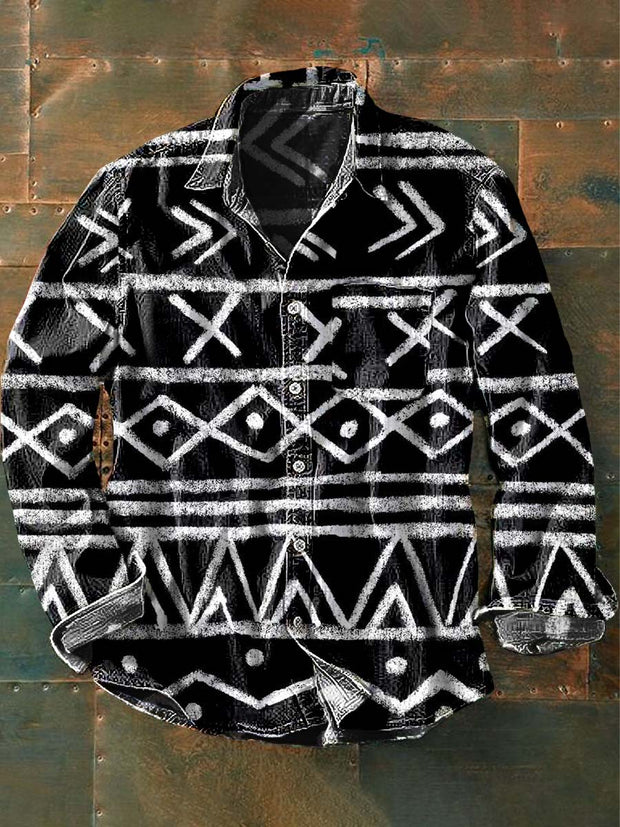 Men's Vintage Tribal Ethnic Printed Casual Long Sleeve Lapel Shirt