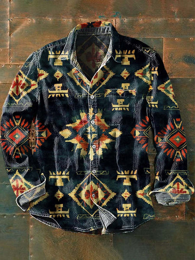 Men's Vintage Western Pattern Print Casual Long Sleeve Lapel Shirt