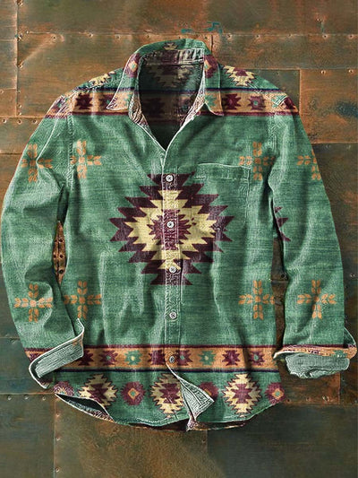 Men's Western Style Pattern Printed Casual Long Sleeve Lapel Shirt