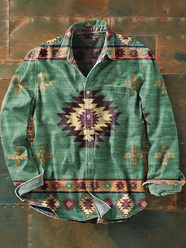 Men's Western Style Pattern Printed Casual Long Sleeve Lapel Shirt