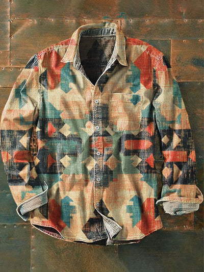 Men's Vintage Western Pattern Print Casual Long Sleeve Lapel Shirt