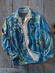 Men's Vintage Colorful Abstract Textured Art Print Soft Long Sleeve Pocket Shirt