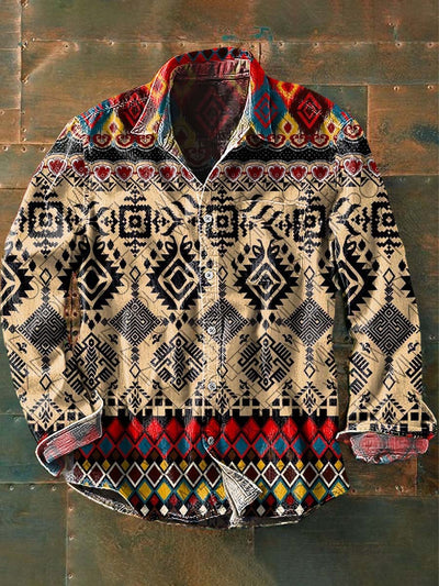 Men's Western Style Pattern Printed Casual Long Sleeve Lapel Shirt