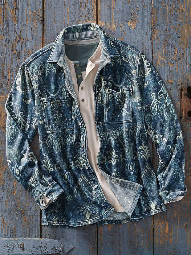 Men's Vintage Ethnic Floral Art Print Soft Long Sleeve Pocket Shirt