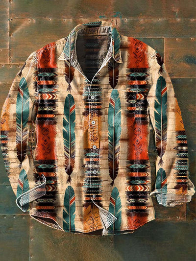 Men's Vintage Tribal Ethnic Printed Casual Long Sleeve Lapel Shirt