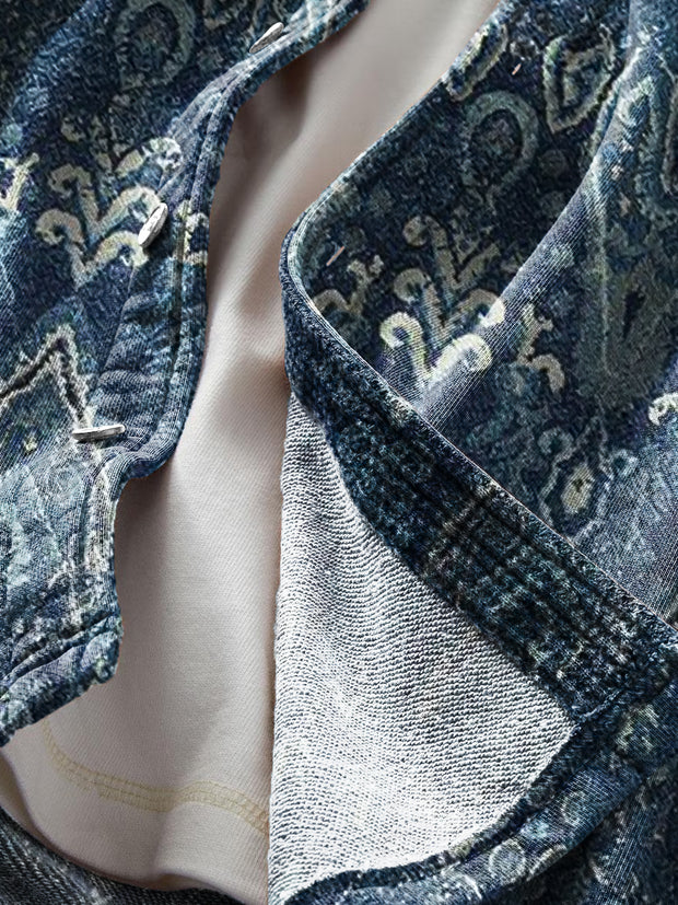 Men's Vintage Ethnic Floral Art Print Soft Long Sleeve Pocket Shirt