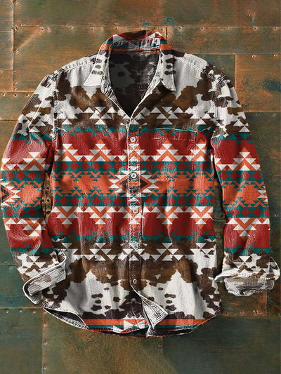 Men's Vintage Western Pattern Print Casual Long Sleeve Lapel Shirt