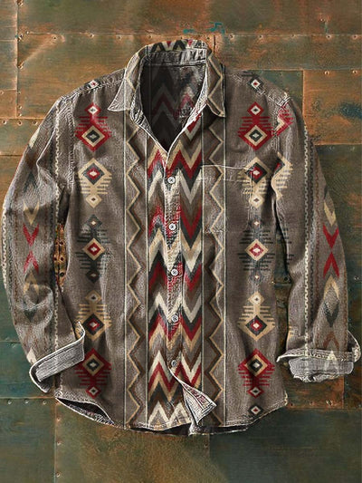 Men's Western Style Pattern Printed Casual Long Sleeve Lapel Shirt