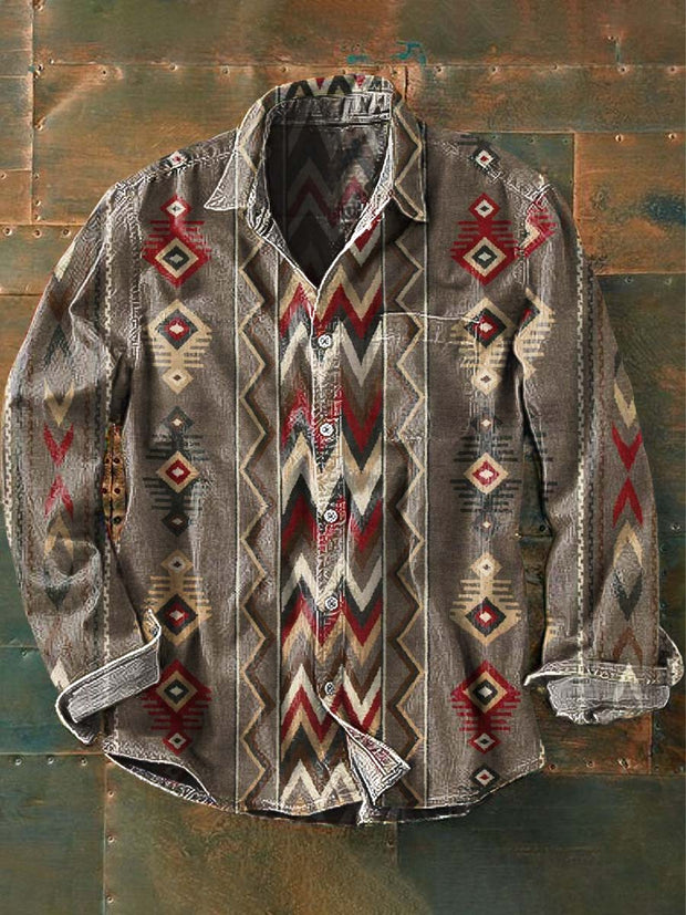 Men's Western Style Pattern Printed Casual Long Sleeve Lapel Shirt