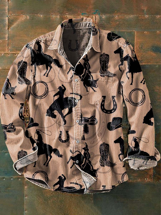Men's Vintage Western Pattern Print Casual Long Sleeve Lapel Shirt
