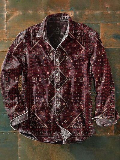 Men's Western Style Pattern Printed Casual Long Sleeve Lapel Shirt