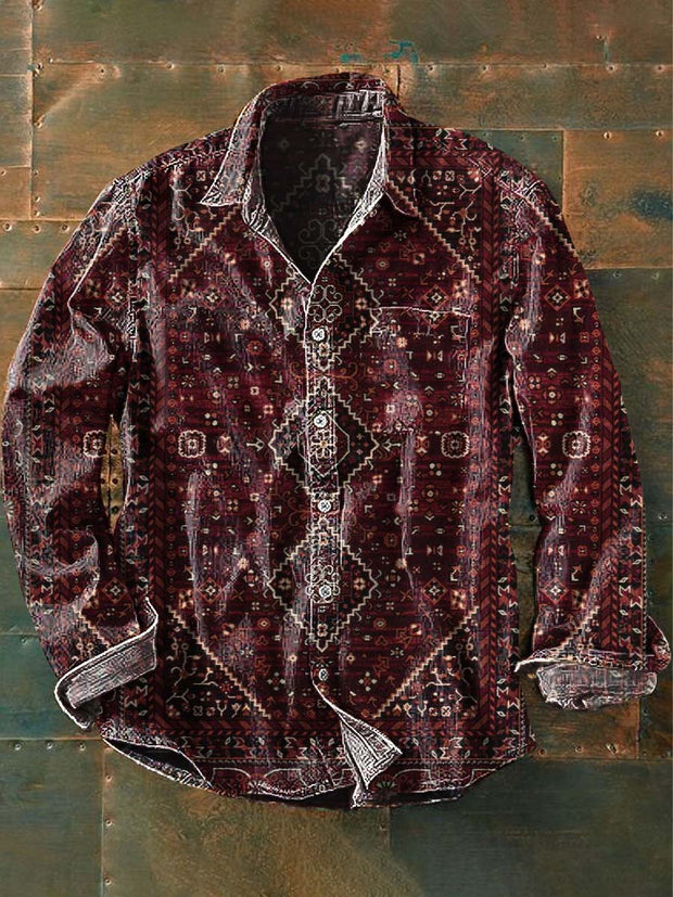 Men's Western Style Pattern Printed Casual Long Sleeve Lapel Shirt