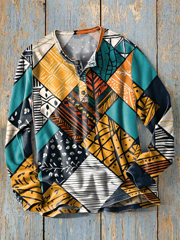 Men's Retro Ethnic Colorful Geometric Art Print Long Sleeve Henley Shirt