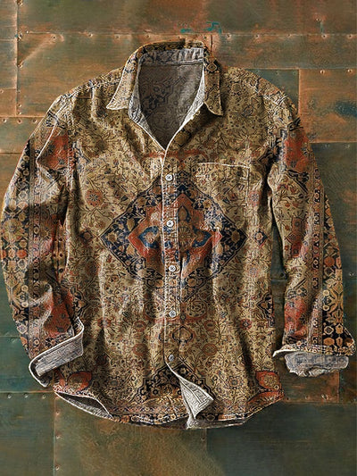 Men's Vintage Ethnic Geometric Art Print Lapel Long Sleeve Pocket Shirt