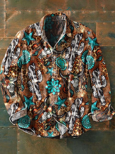 Men's Vintage Western Pattern Print Casual Long Sleeve Lapel Shirt
