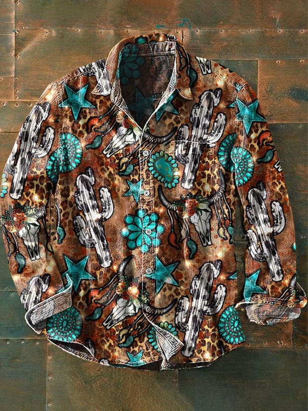 Men's Vintage Western Pattern Print Casual Long Sleeve Lapel Shirt