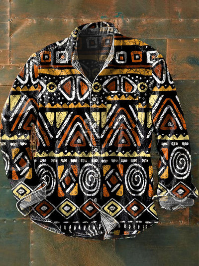 Men's Vintage Tribal Pattern Printed Casual Long Sleeve Lapel Shirt