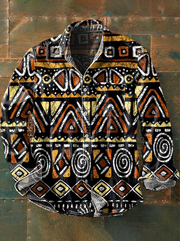 Men's Vintage Tribal Pattern Printed Casual Long Sleeve Lapel Shirt