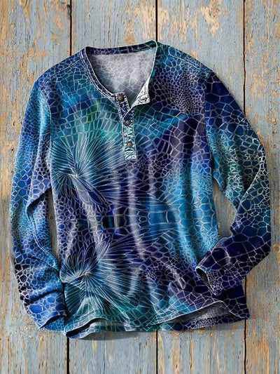 Men's Vintage Abstract Gradient Geometric Art Print Long Sleeve Henley Shirt