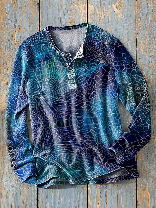 Men's Vintage Abstract Gradient Geometric Art Print Long Sleeve Henley Shirt