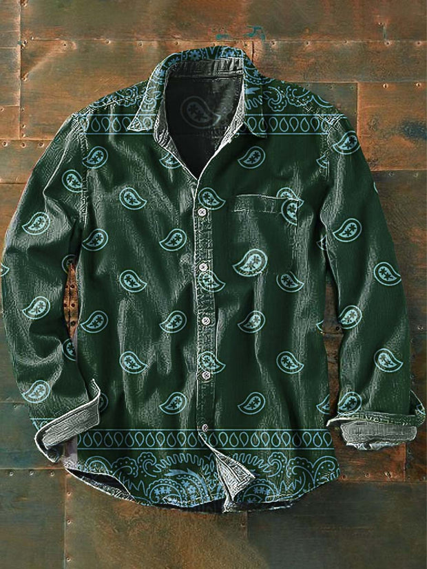 Men's Vintage Cashew Flower Print Casual Long Sleeve Lapel Shirt