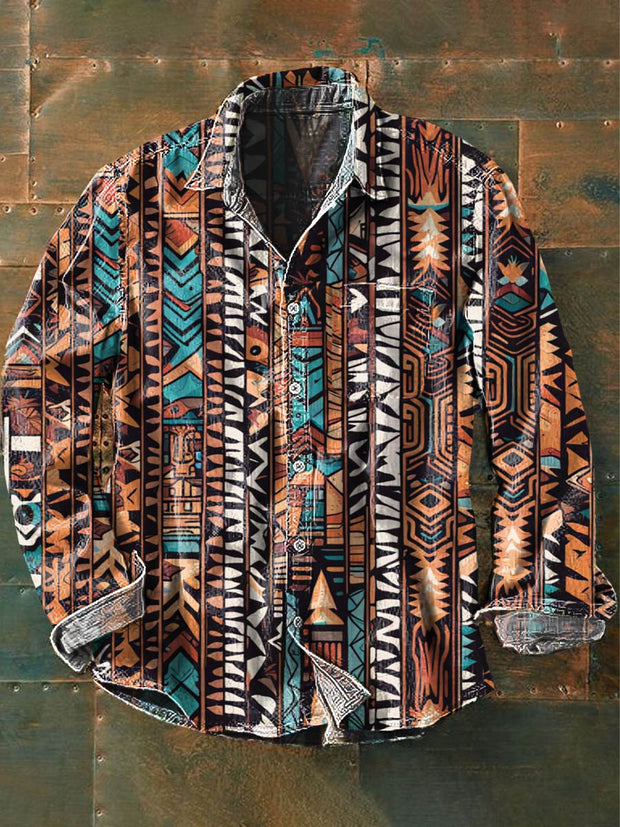 Men's Vintage Tribal Pattern Printed Casual Long Sleeve Lapel Shirt