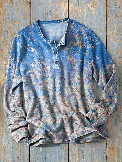 Men's Vintage Abstract Old Ethnic Art Print Long Sleeve Henley Shirt