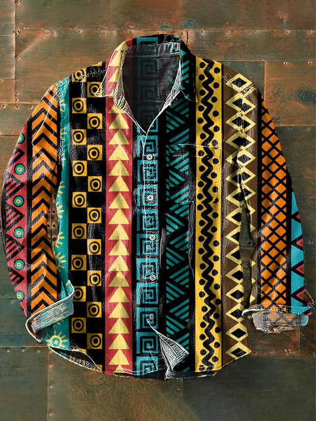 Men's Western Printed Casual Long Sleeve Lapel Shirt