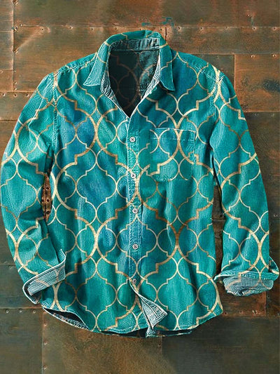 Men's Retro Pattern Printed Casual Long Sleeve Lapel Shirt