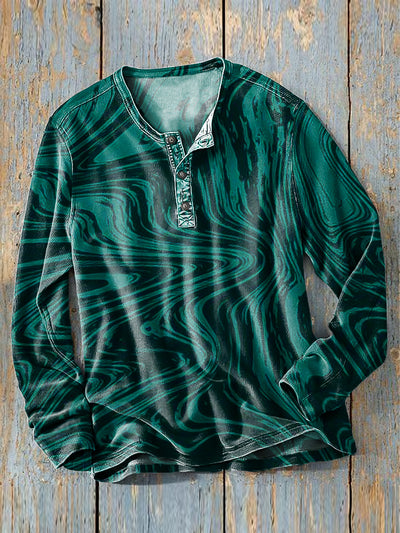 Men's Vintage Abstract Textured Art Print Long Sleeve Henley Shirt
