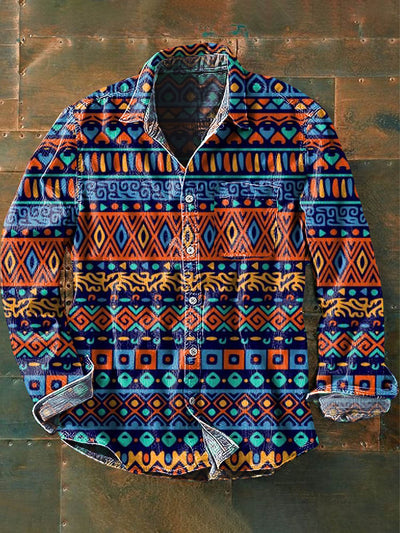 Men's Western Style Pattern Printed Casual Long Sleeve Lapel Shirt