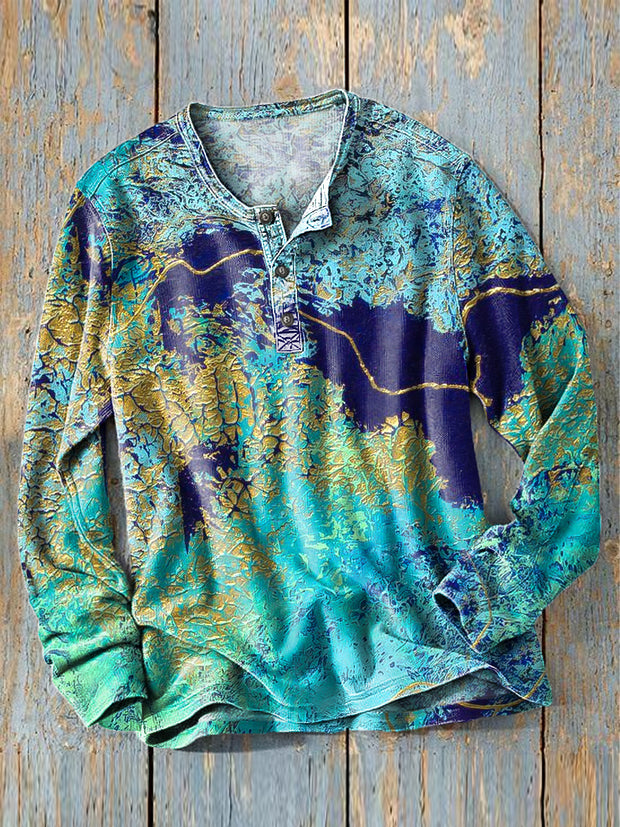 Men's Vintage Colorful Abstract Textured Art Print Long Sleeve Henley Shirt