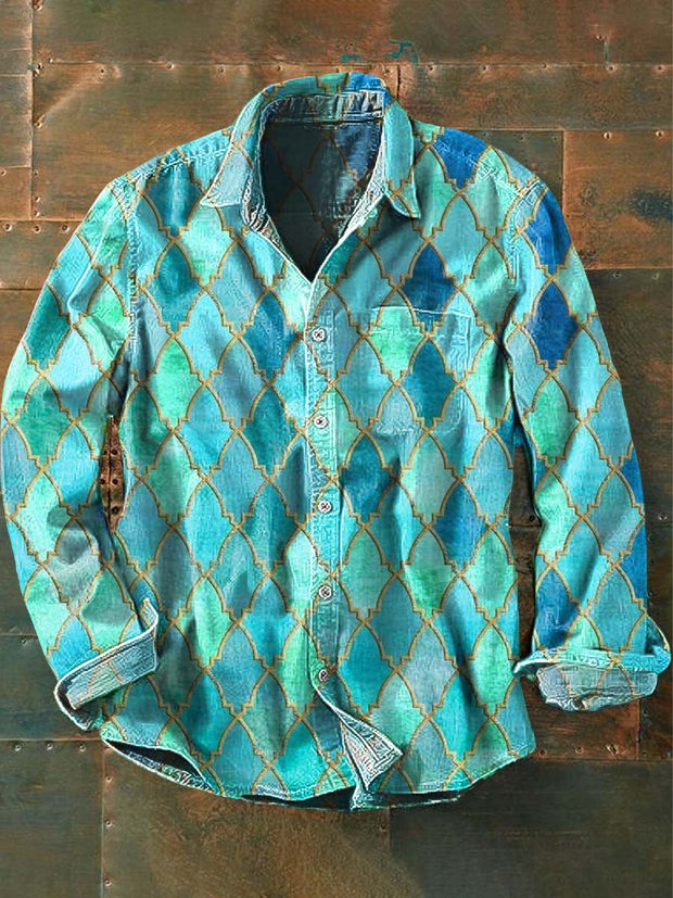 Men's Retro Pattern Printed Casual Long Sleeve Lapel Shirt