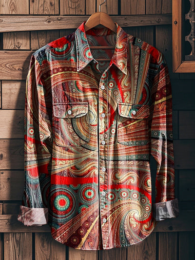Men's Vintage Abstract Colorful Spiral Pattern Workwear Pocket Long Sleeve Shirt