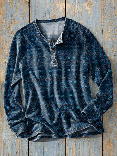 Men's Vintage Ethnic Geometric Art Print Long Sleeve Henley Shirt