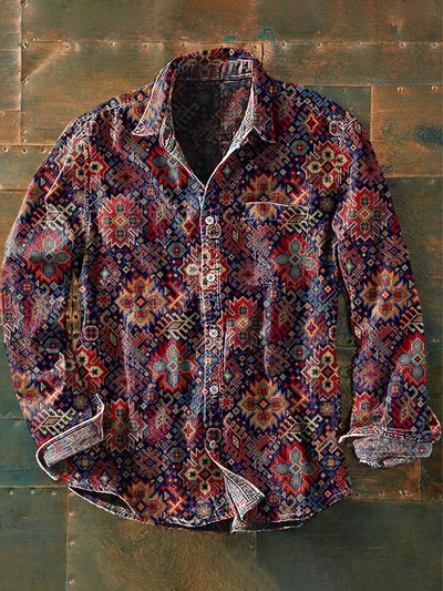 Men's Western Style Pattern Printed Casual Long Sleeve Lapel Shirt