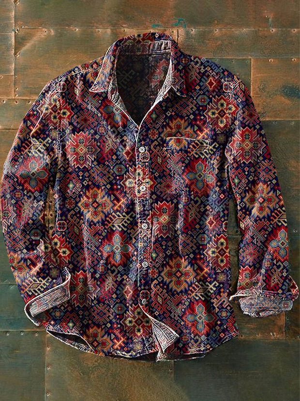 Men's Western Style Pattern Printed Casual Long Sleeve Lapel Shirt