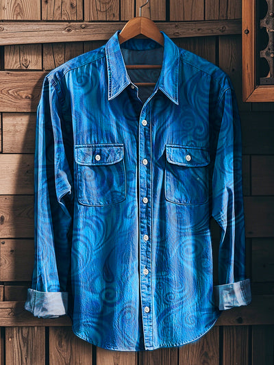 Men's Vintage Abstract Floral Pattern Workwear Pocket Long Sleeve Shirt