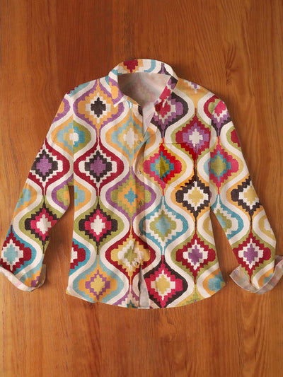 Men's Vintage Western Pattern Print Casual Long Sleeve Lapel Shirt
